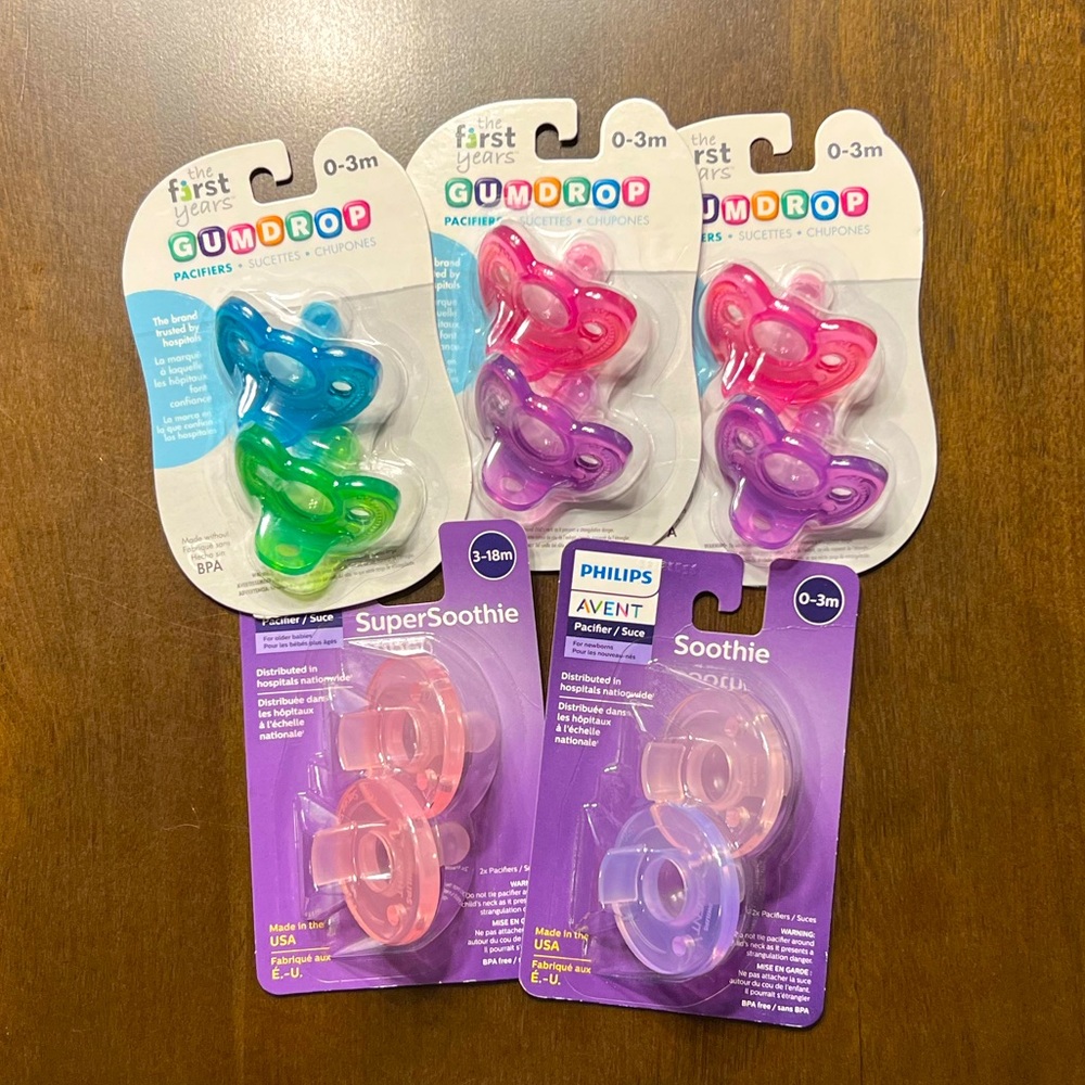 🆕 PACIFIER LOT: 5 Packages Pacifiers First Years Gumdrop Philips Avent S…